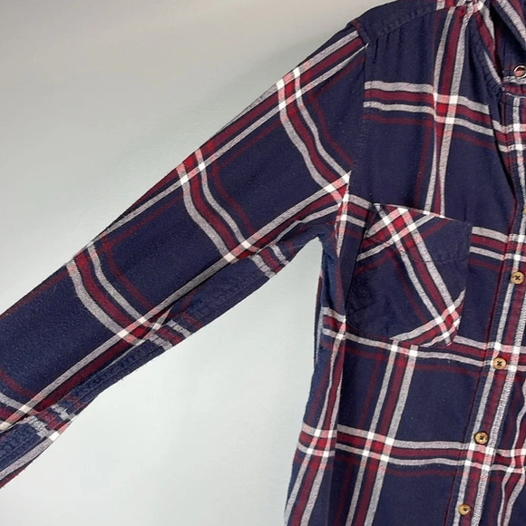 GARAGE Boyfriend Fit Plaid Hooded Flannel Shirt Navy Blue Burgundy White Size M - Picture 5 of 13